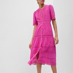 GAP Bright Pink Cotton Lace Trim Button Front Midi Dress